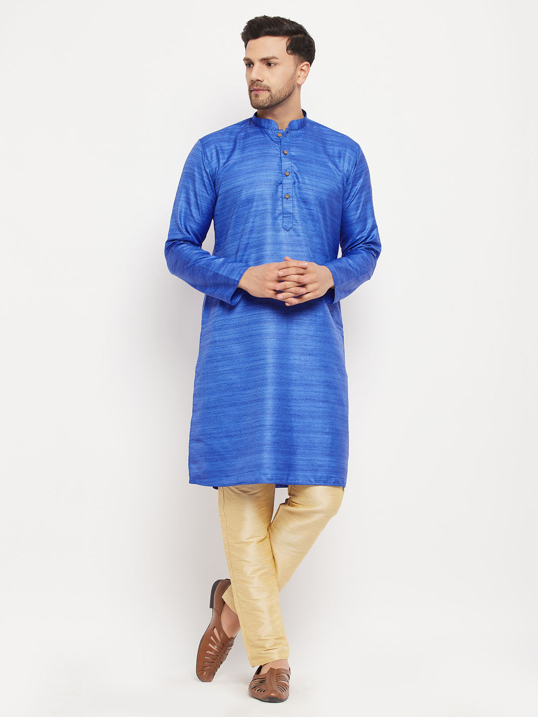 Sarvati Men's Blue Matka Silk Kurta and Gold Pant Style Pyjama Set