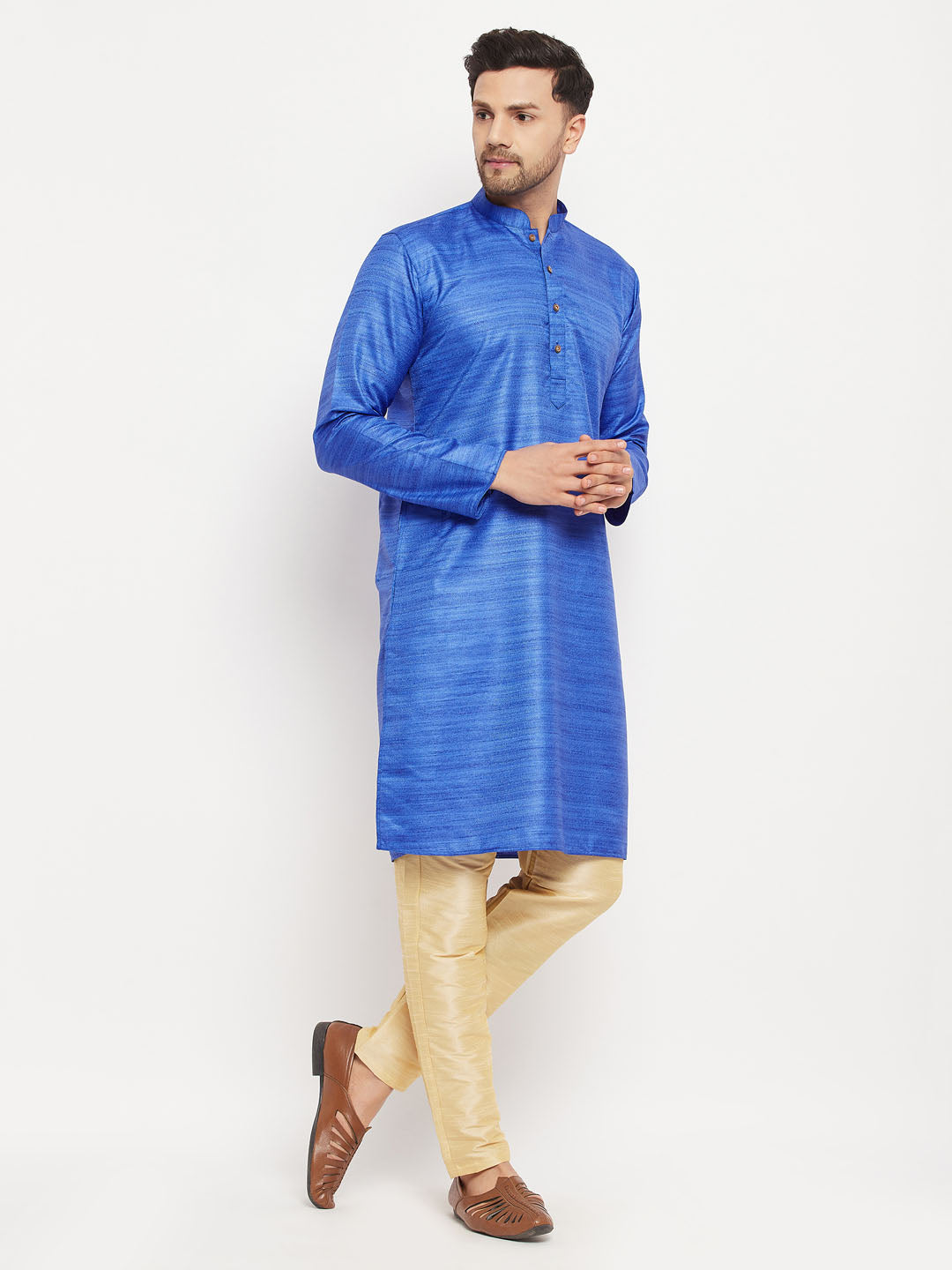 Sarvati Men's Blue Matka Silk Kurta and Gold Pant Style Pyjama Set