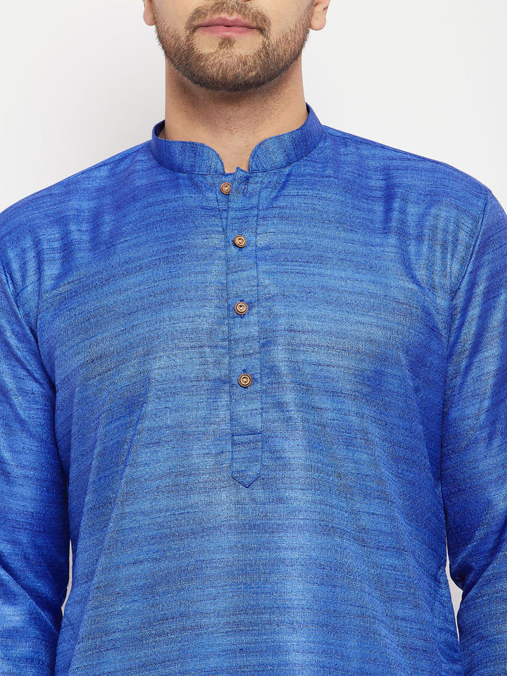 Sarvati Men's Blue Matka Silk Kurta and Gold Pant Style Pyjama Set