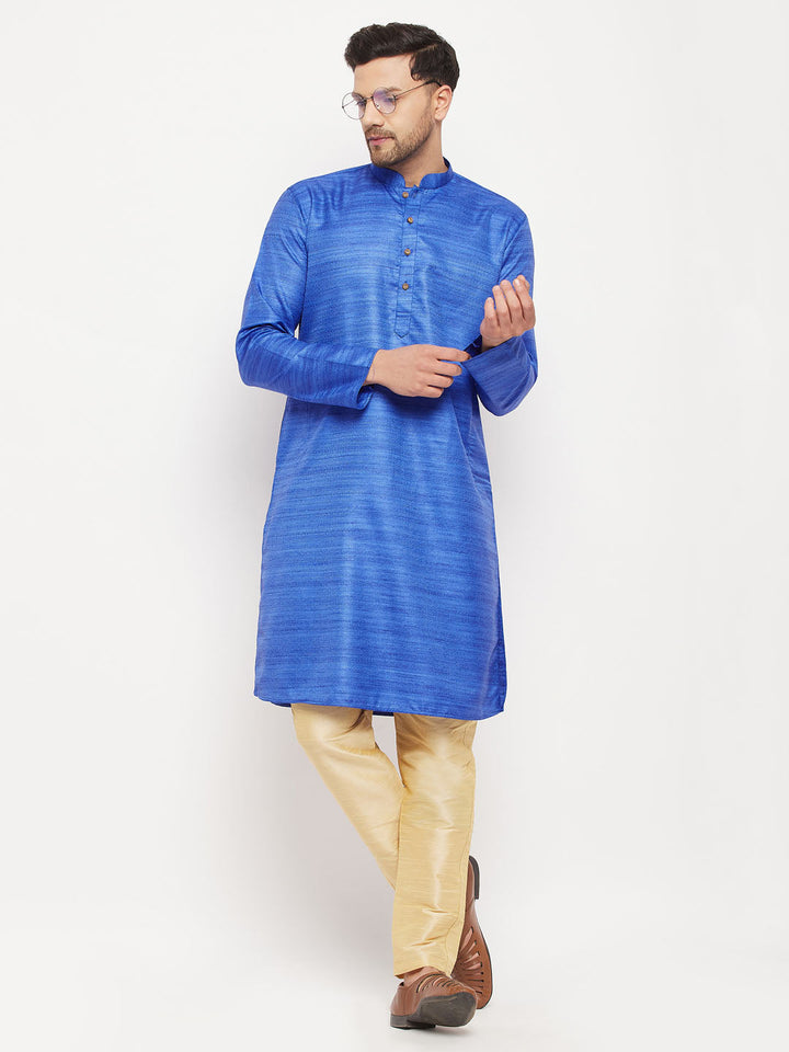 Sarvati Men's Blue Matka Silk Kurta and Gold Pant Style Pyjama Set