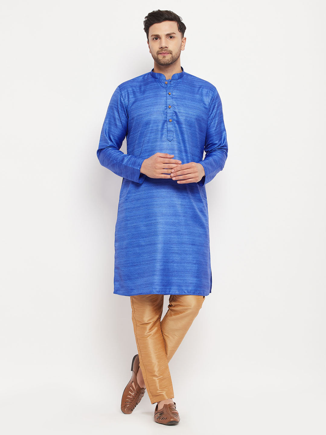 Sarvati Men's Blue Matka Silk Kurta and Rose Gold Pant Style Pyjama Set