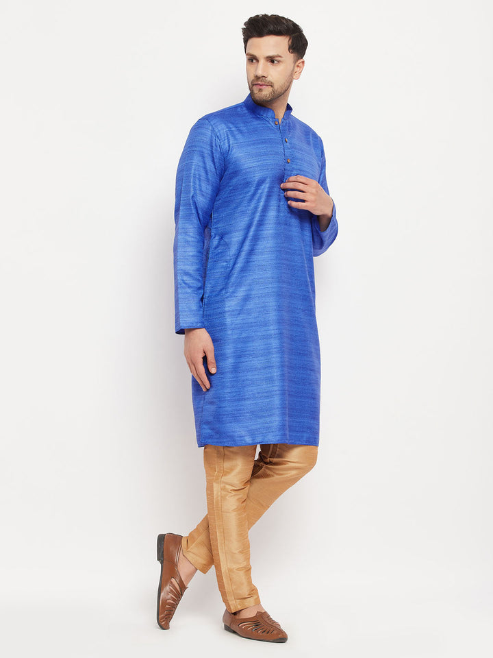 Sarvati Men's Blue Matka Silk Kurta and Rose Gold Pant Style Pyjama Set