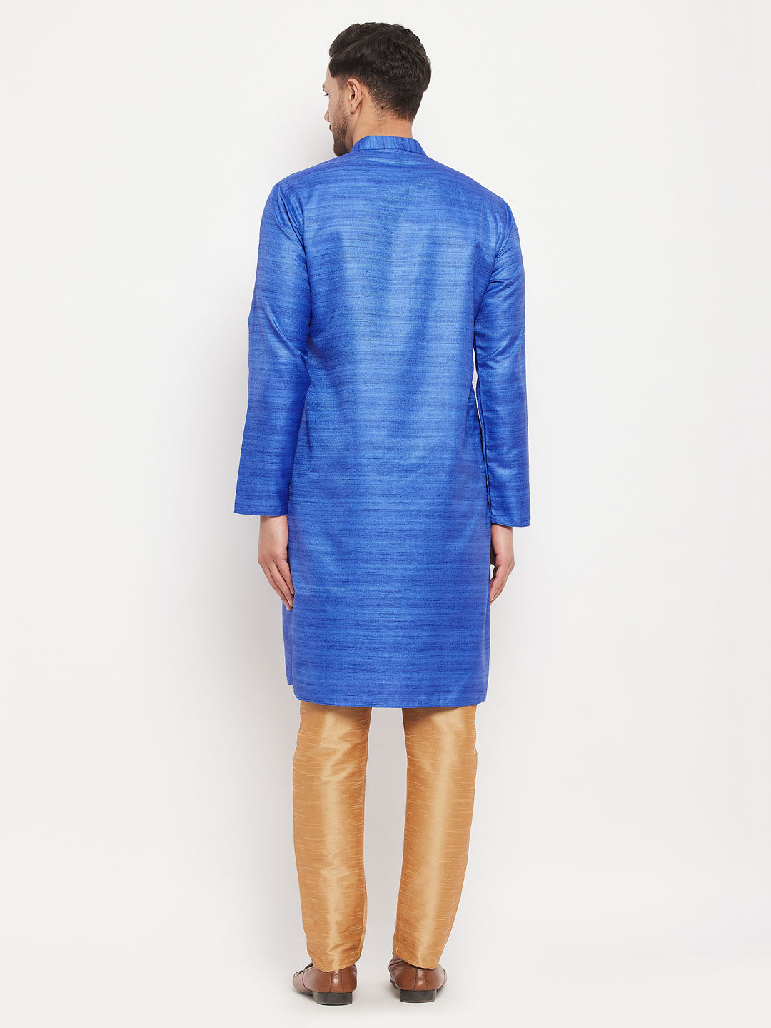 Sarvati Men's Blue Matka Silk Kurta and Rose Gold Pant Style Pyjama Set