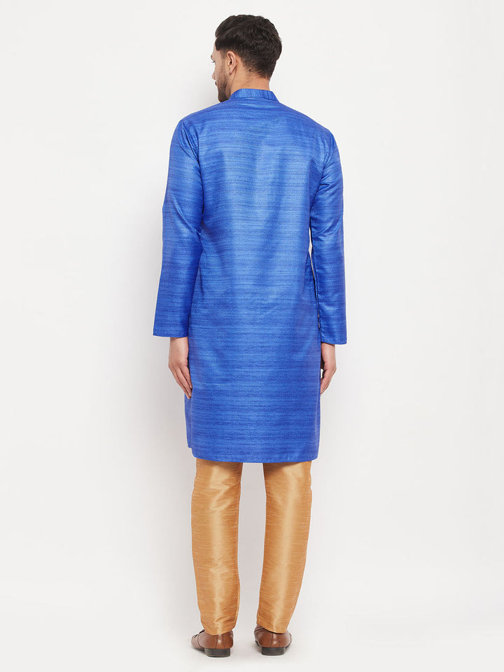 Sarvati Men's Blue Matka Silk Kurta and Rose Gold Pant Style Pyjama Set