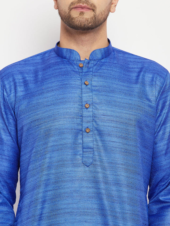 Sarvati Men's Blue Matka Silk Kurta and Rose Gold Pant Style Pyjama Set