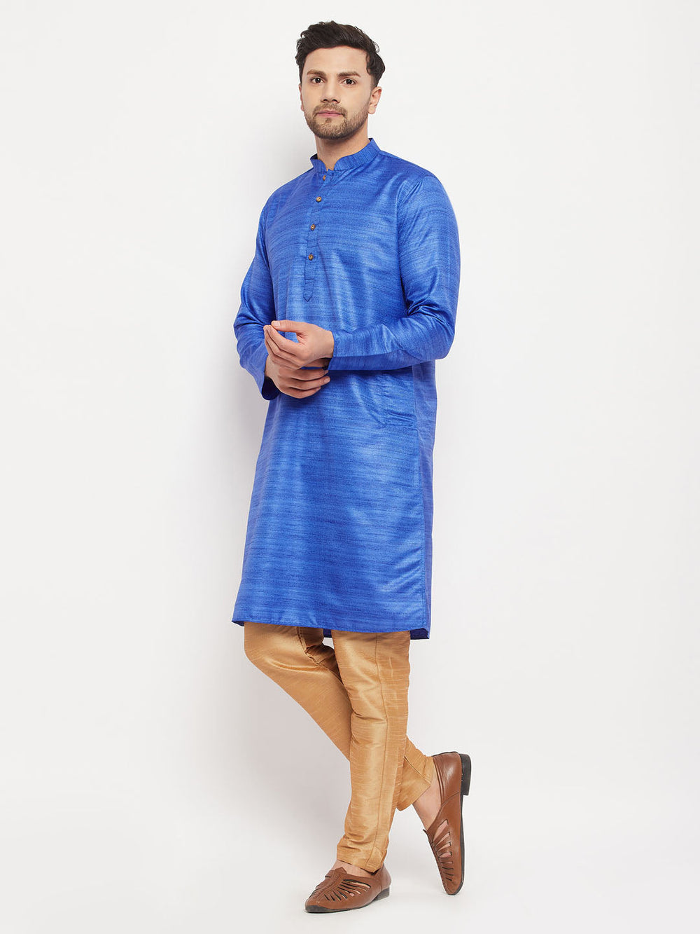 Sarvati Men's Blue Matka Silk Kurta and Rose Gold Pant Style Pyjama Set