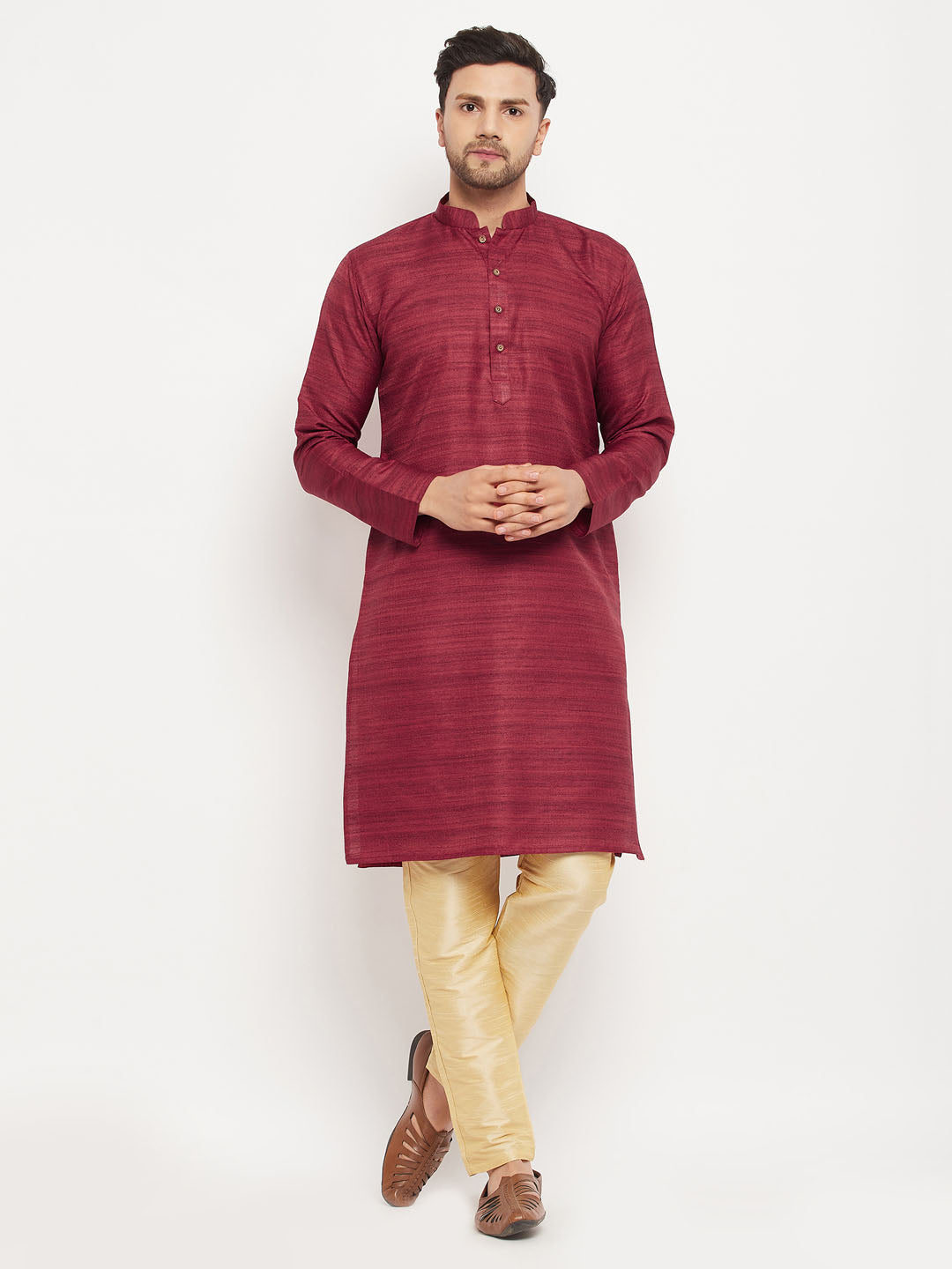 Sarvati Men's maroon Matka Silk Kurta and Gold Pant Style Pyjama Set