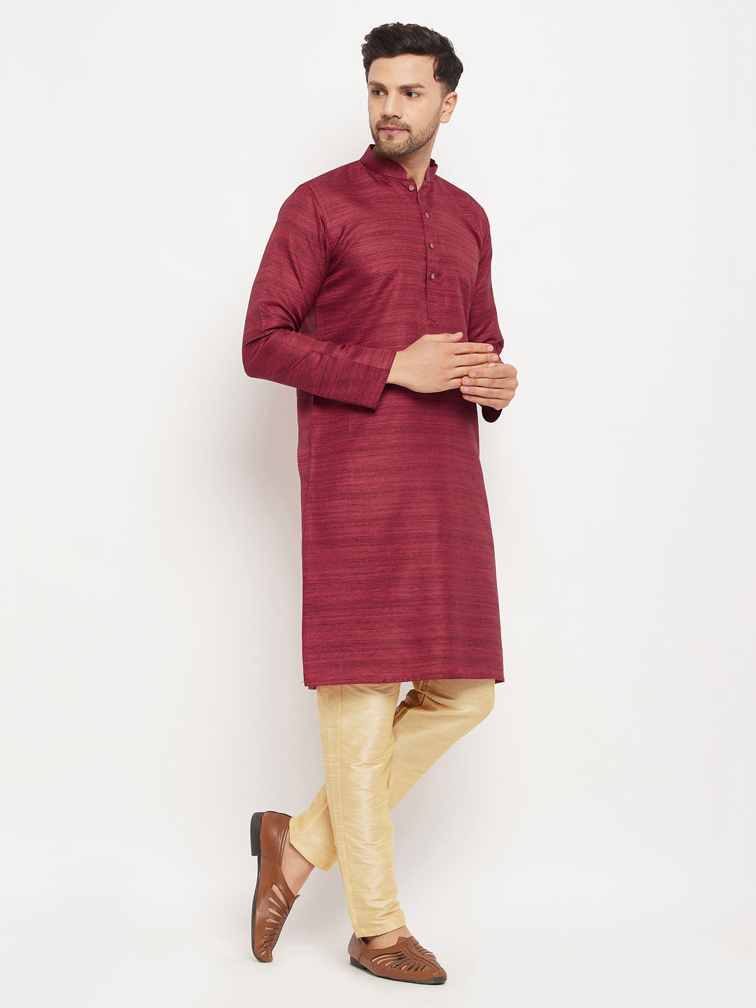 Sarvati Men's maroon Matka Silk Kurta and Gold Pant Style Pyjama Set