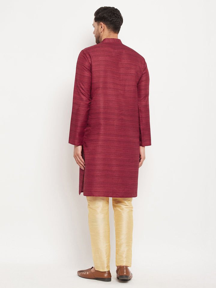 Sarvati Men's maroon Matka Silk Kurta and Gold Pant Style Pyjama Set