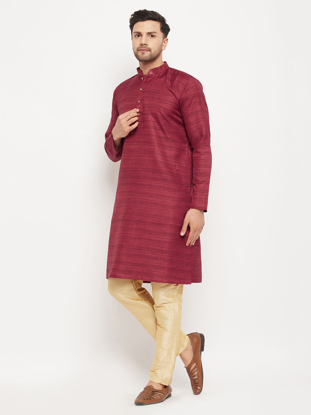 Sarvati Men's maroon Matka Silk Kurta and Gold Pant Style Pyjama Set