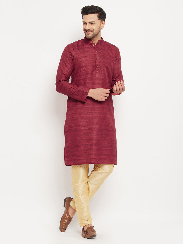 Sarvati Men's maroon Matka Silk Kurta and Gold Pant Style Pyjama Set