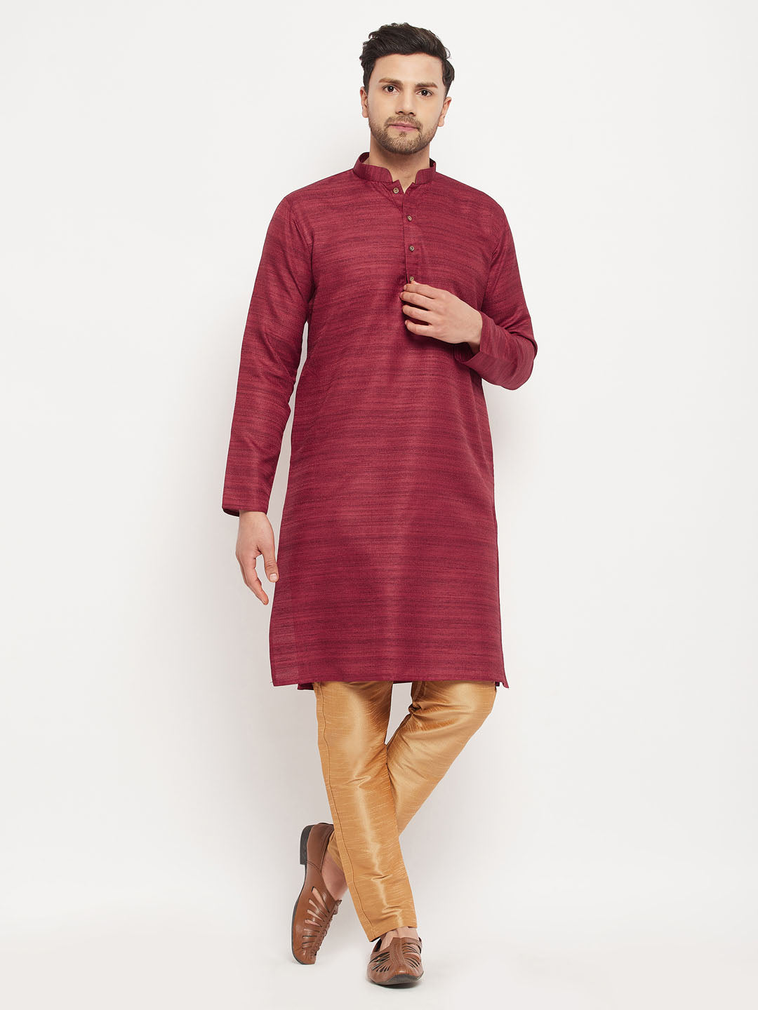 Sarvati Men's Maroon Matka Silk Kurta and Rose Gold Pant Style Pyjama Set