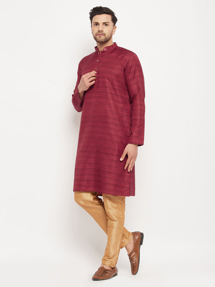 Sarvati Men's Maroon Matka Silk Kurta and Rose Gold Pant Style Pyjama Set