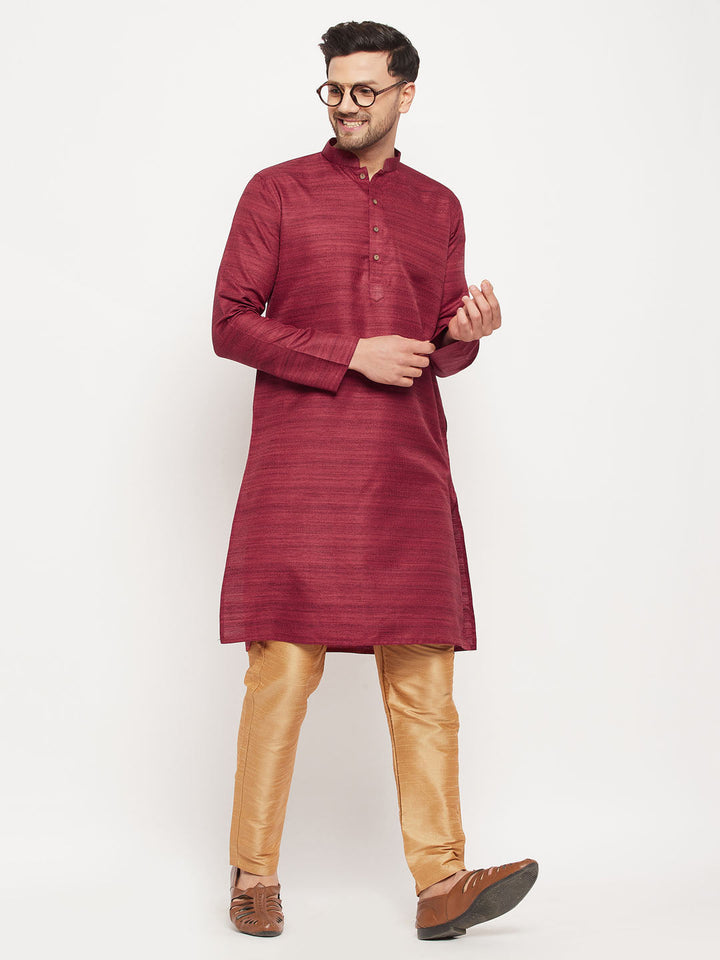 Sarvati Men's Maroon Matka Silk Kurta and Rose Gold Pant Style Pyjama Set