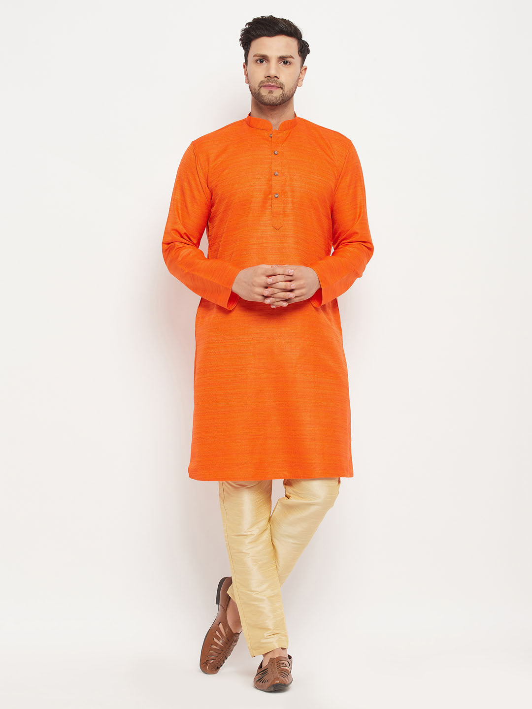 Sarvati Men's Orange Matka Silk Kurta and Gold Pant Style Pyjama Set