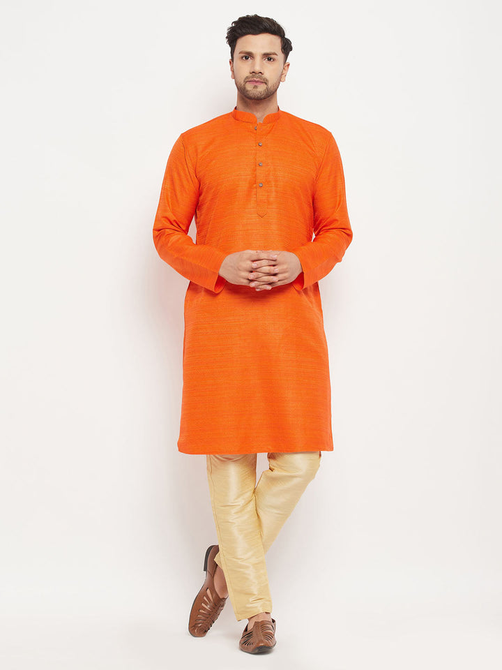 Sarvati Men's Orange Matka Silk Kurta and Gold Pant Style Pyjama Set