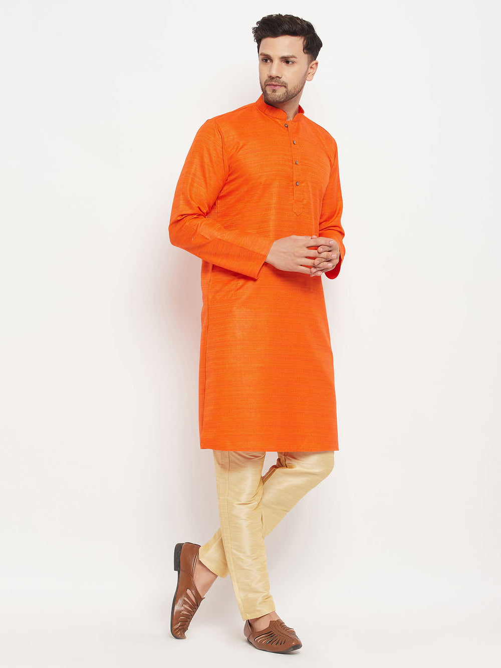 Sarvati Men's Orange Matka Silk Kurta and Gold Pant Style Pyjama Set