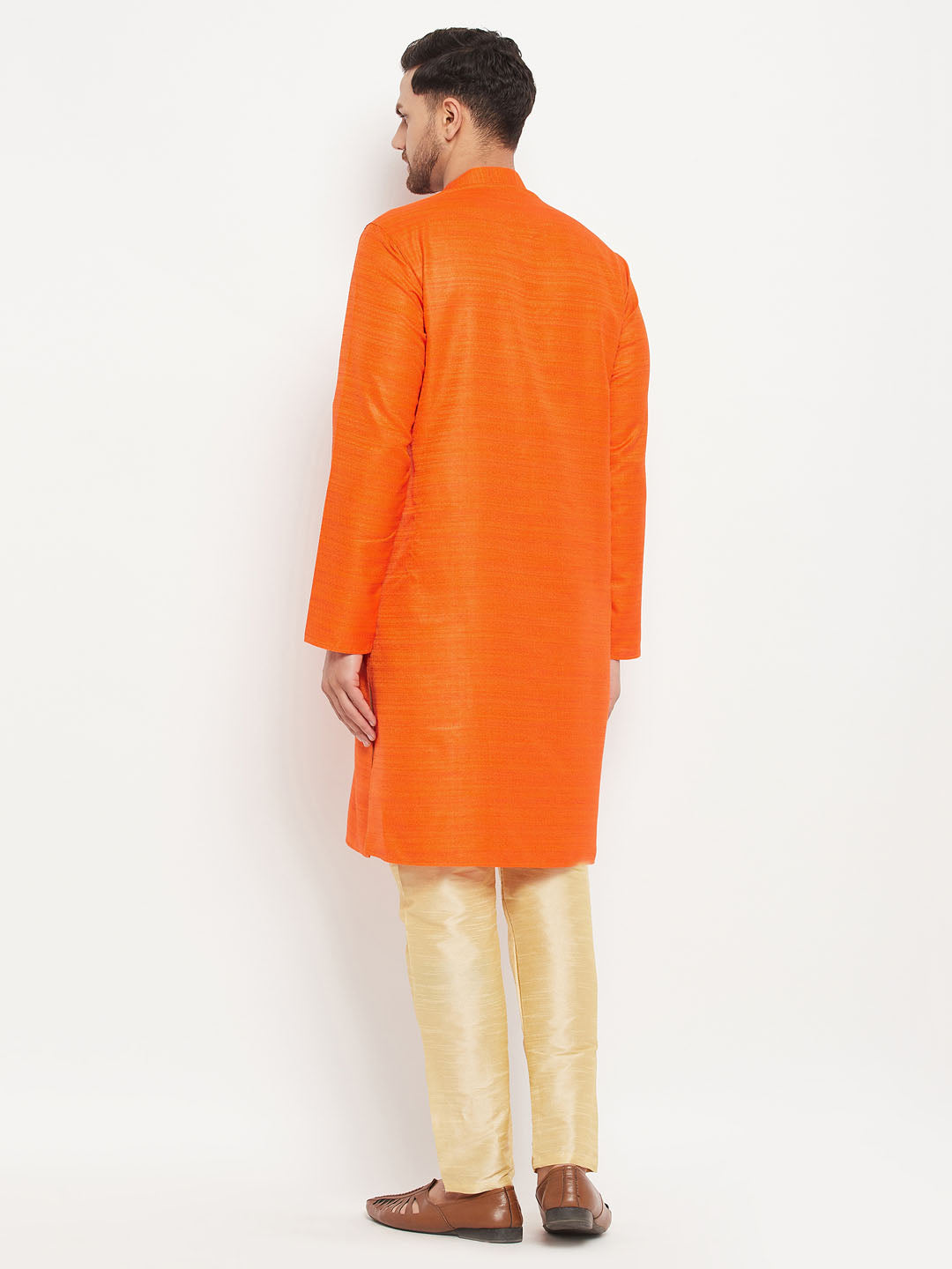 Sarvati Men's Orange Matka Silk Kurta and Gold Pant Style Pyjama Set