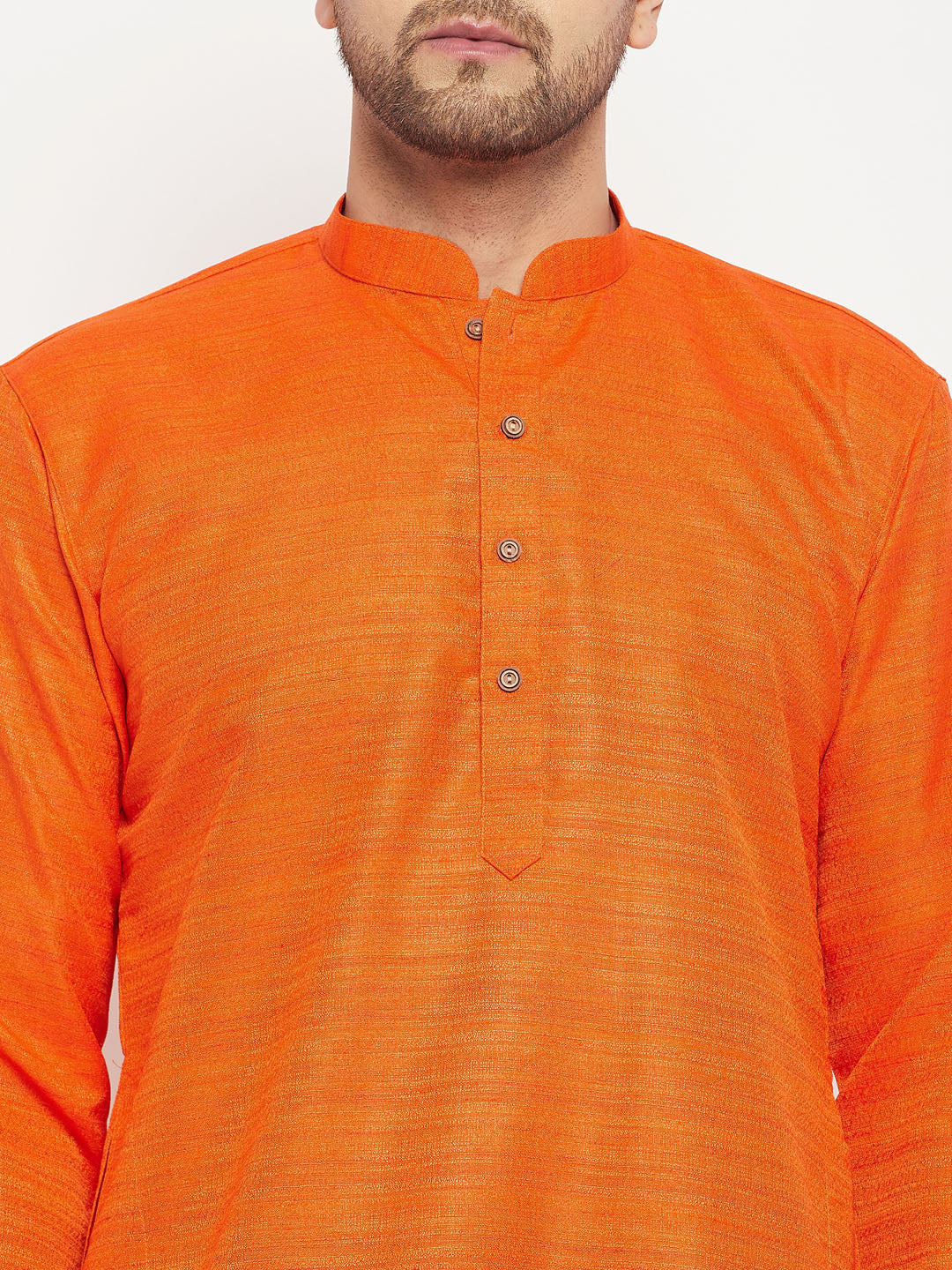 Sarvati Men's Orange Matka Silk Kurta and Gold Pant Style Pyjama Set