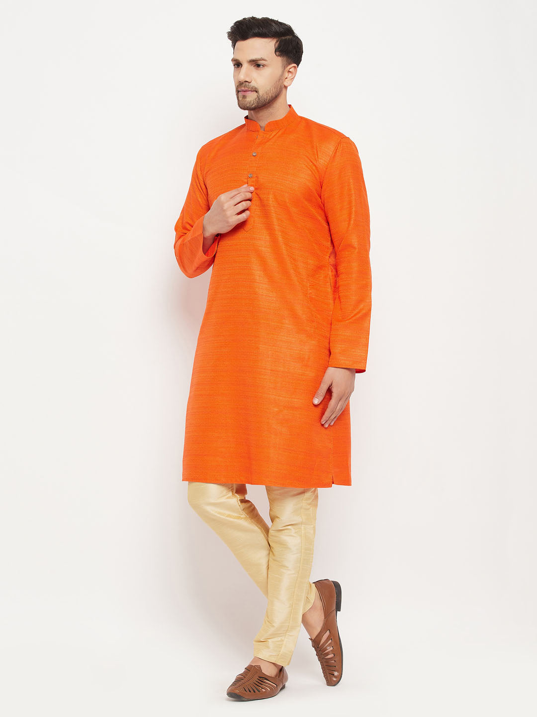 Sarvati Men's Orange Matka Silk Kurta and Gold Pant Style Pyjama Set