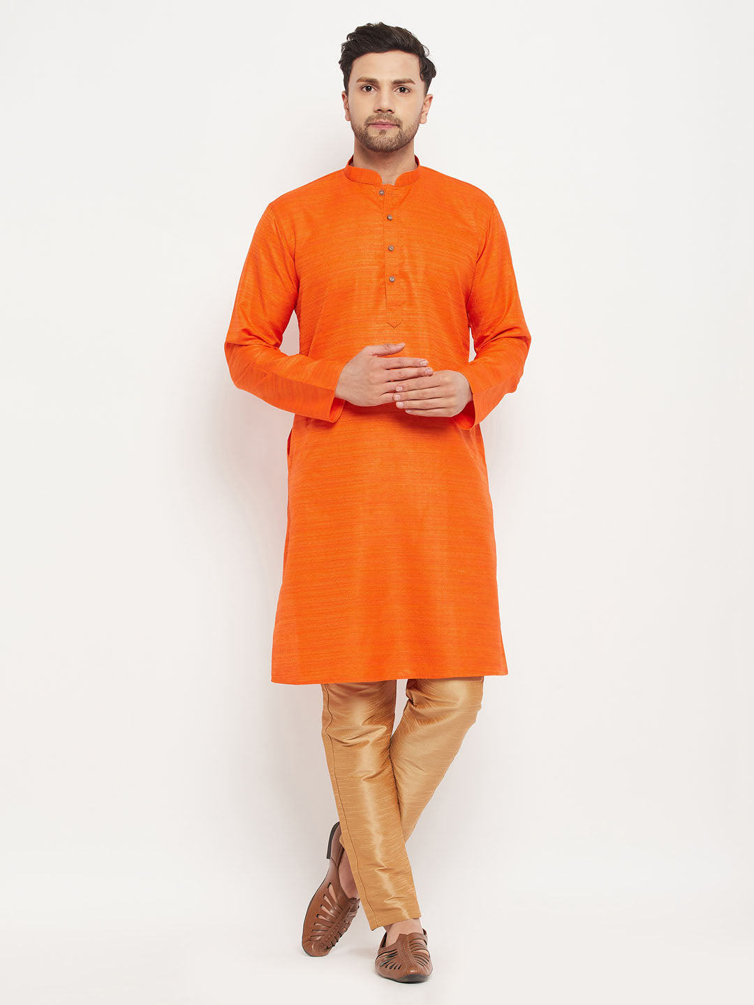 Sarvati Men's Orange Matka Silk Kurta and Rose Gold Pant Style Pyjama Set