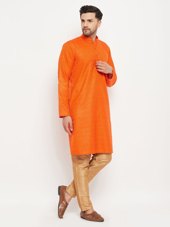 Sarvati Men's Orange Matka Silk Kurta and Rose Gold Pant Style Pyjama Set