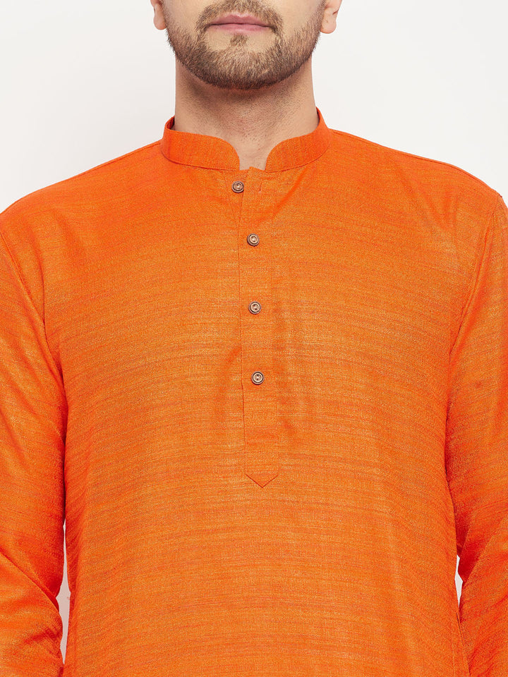 Sarvati Men's Orange Matka Silk Kurta and Rose Gold Pant Style Pyjama Set