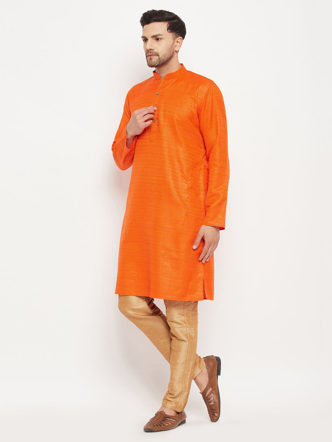 Sarvati Men's Orange Matka Silk Kurta and Rose Gold Pant Style Pyjama Set