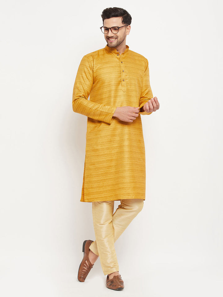 Sarvati Men's yellow Matka Silk Kurta and Gold Pant Style Pyjama Set