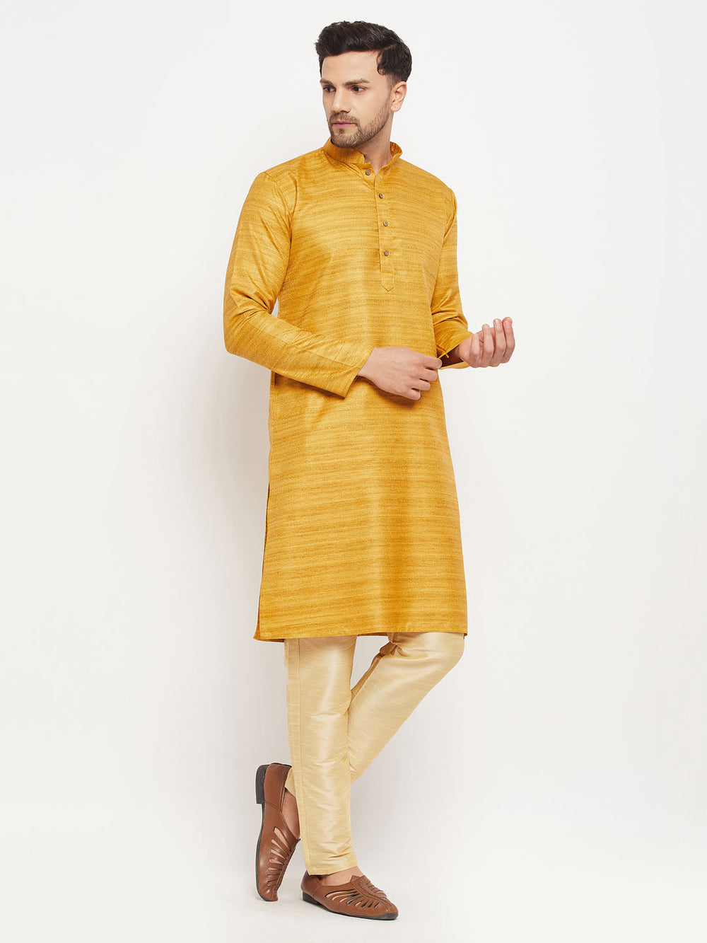 Sarvati Men's yellow Matka Silk Kurta and Gold Pant Style Pyjama Set