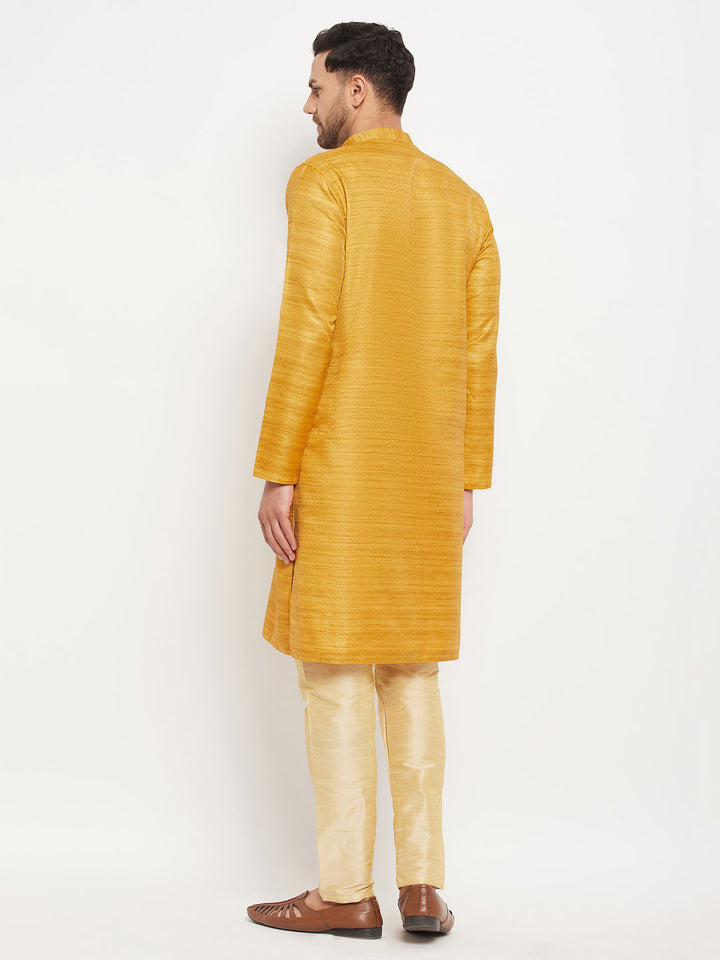 Sarvati Men's yellow Matka Silk Kurta and Gold Pant Style Pyjama Set