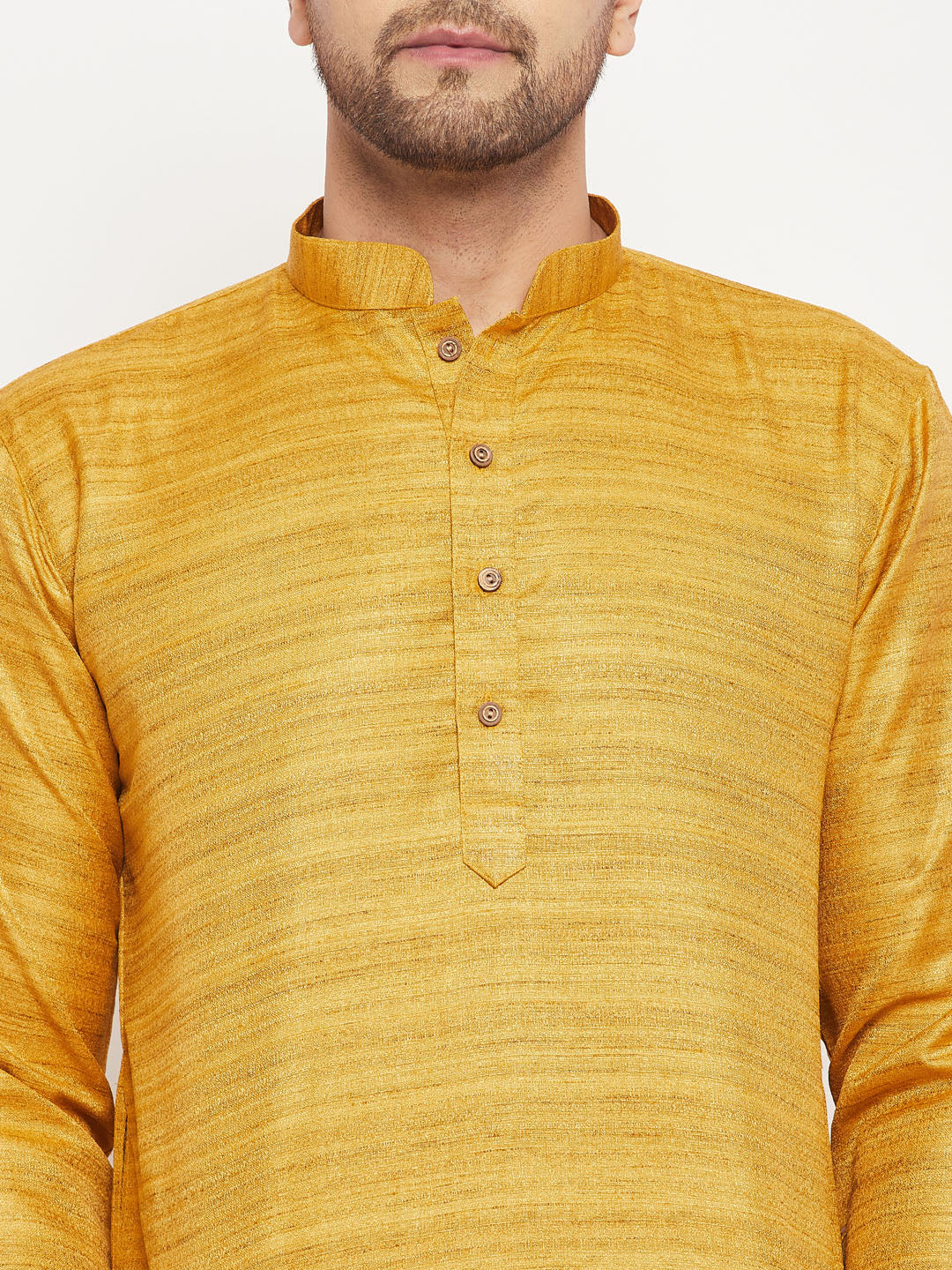 Sarvati Men's yellow Matka Silk Kurta and Gold Pant Style Pyjama Set