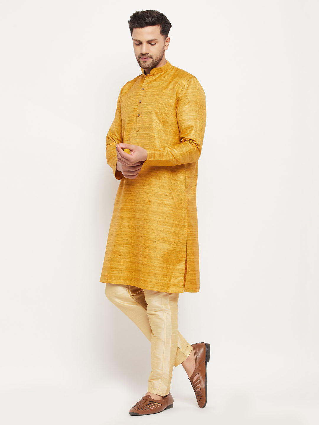 Sarvati Men's yellow Matka Silk Kurta and Gold Pant Style Pyjama Set