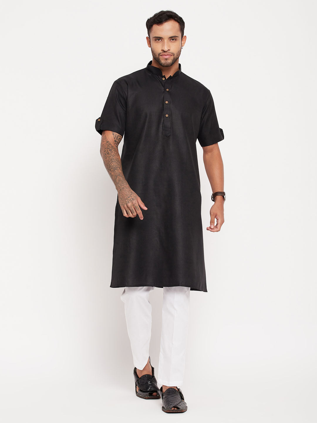 Sarvati Men's Black Solid Kurta with White Pant Style Pyjama Set