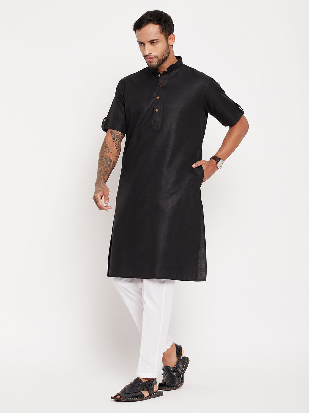 Sarvati Men's Black Solid Kurta with White Pant Style Pyjama Set