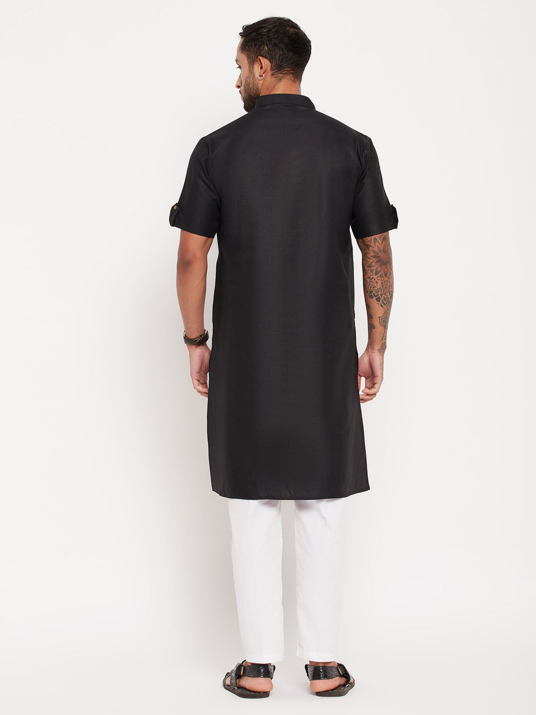 Sarvati Men's Black Solid Kurta with White Pant Style Pyjama Set