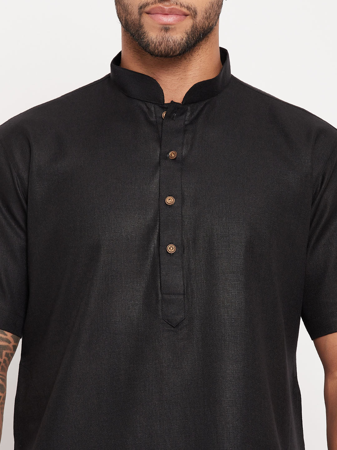 Sarvati Men's Black Solid Kurta with White Pant Style Pyjama Set