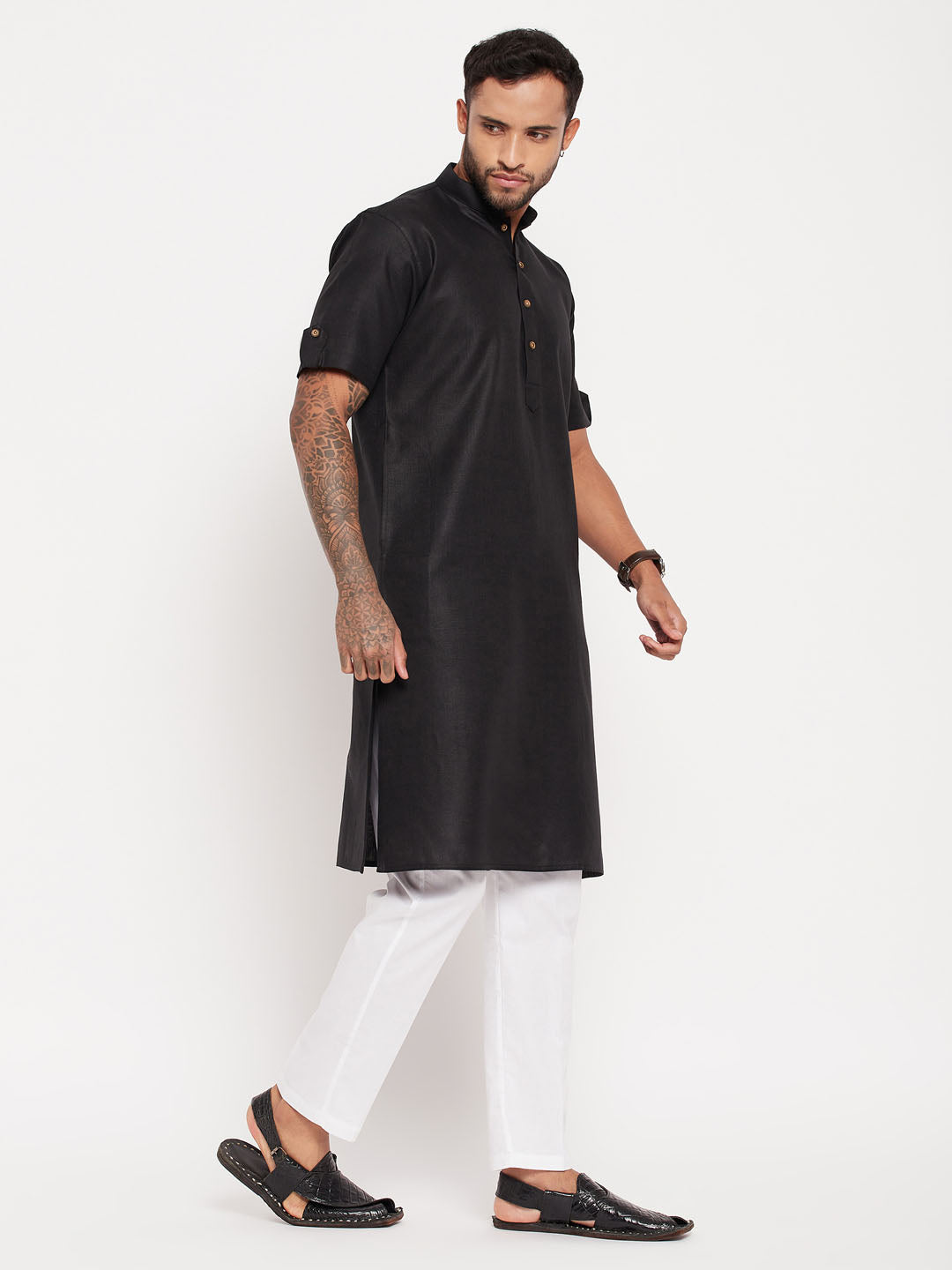 Sarvati Men's Black Solid Kurta with White Pant Style Pyjama Set