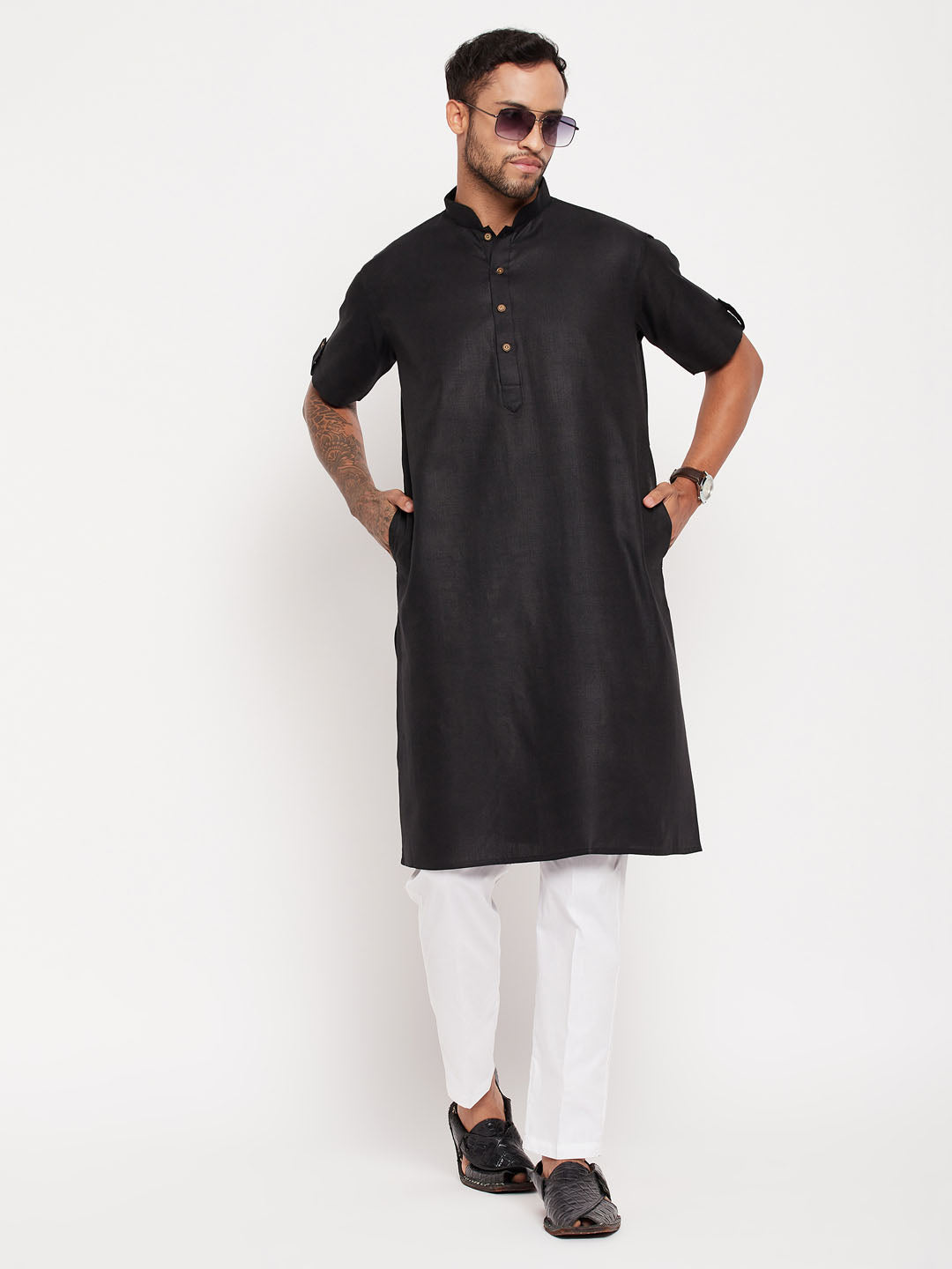 Sarvati Men's Black Solid Kurta with White Pant Style Pyjama Set