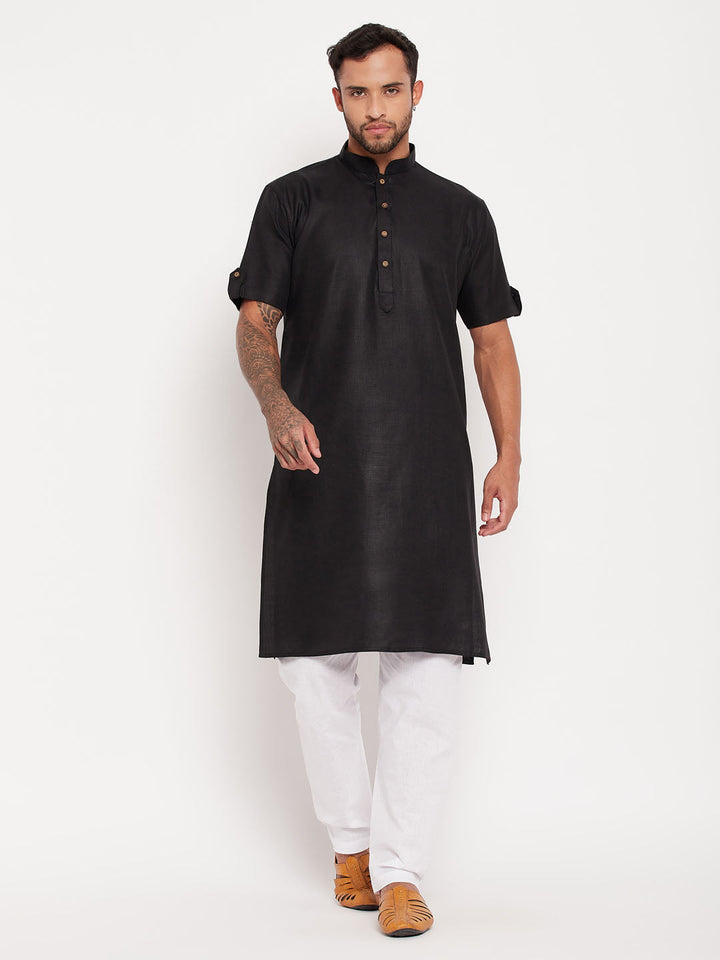 Sarvati Men's Black Solid Kurta with White Pyjama Set