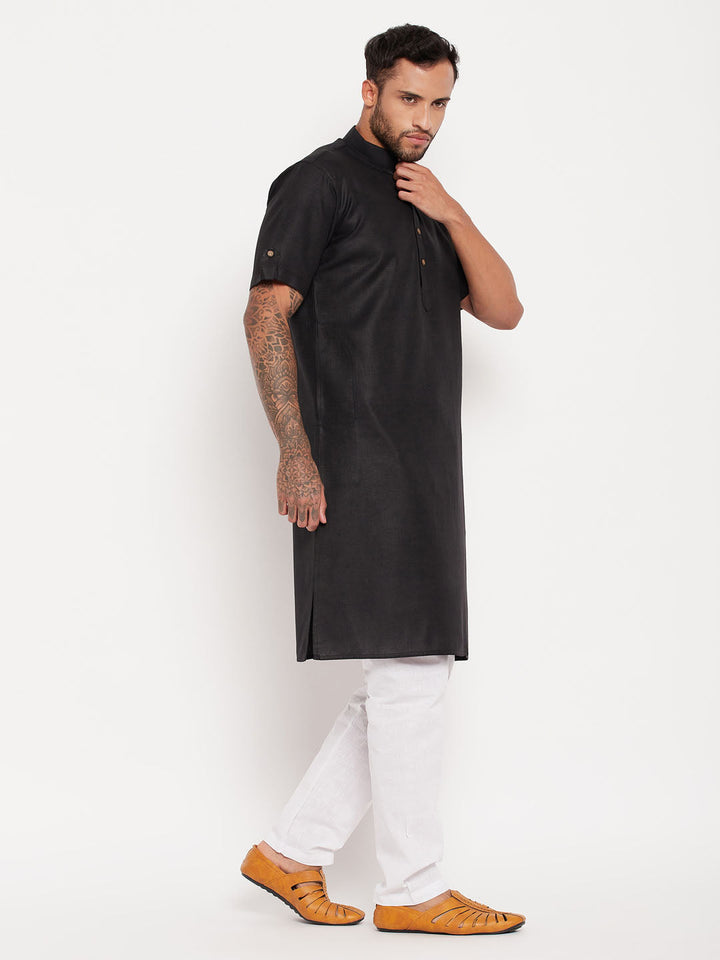 Sarvati Men's Black Solid Kurta with White Pyjama Set