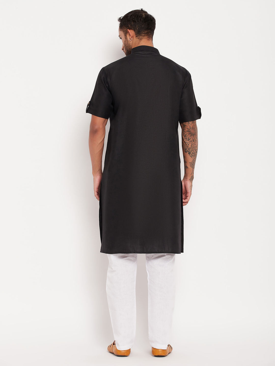 Sarvati Men's Black Solid Kurta with White Pyjama Set