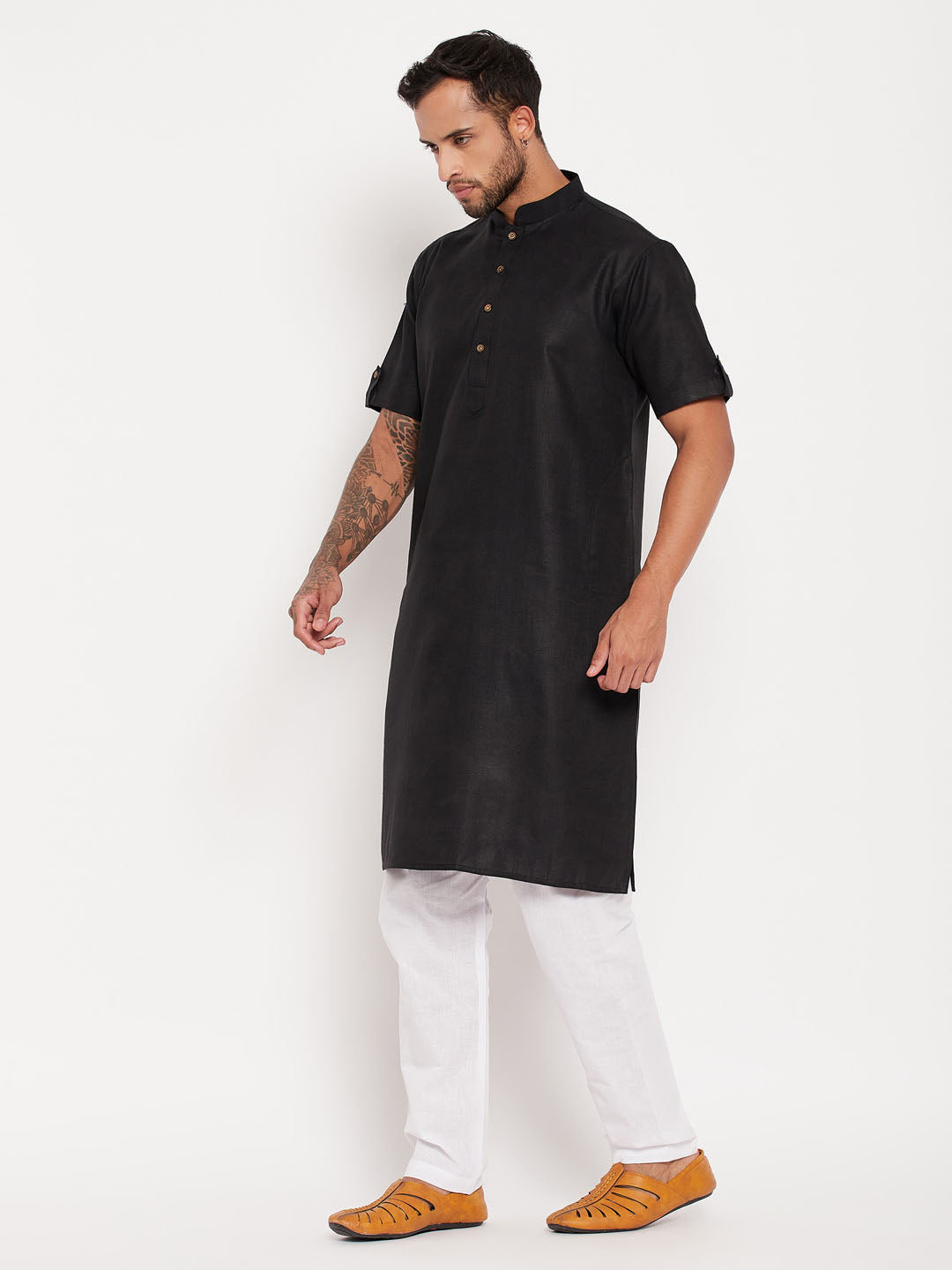 Sarvati Men's Black Solid Kurta with White Pyjama Set