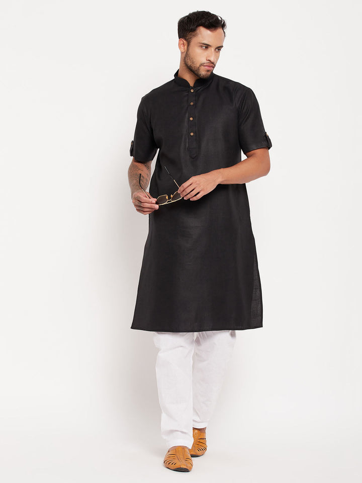 Sarvati Men's Black Solid Kurta with White Pyjama Set