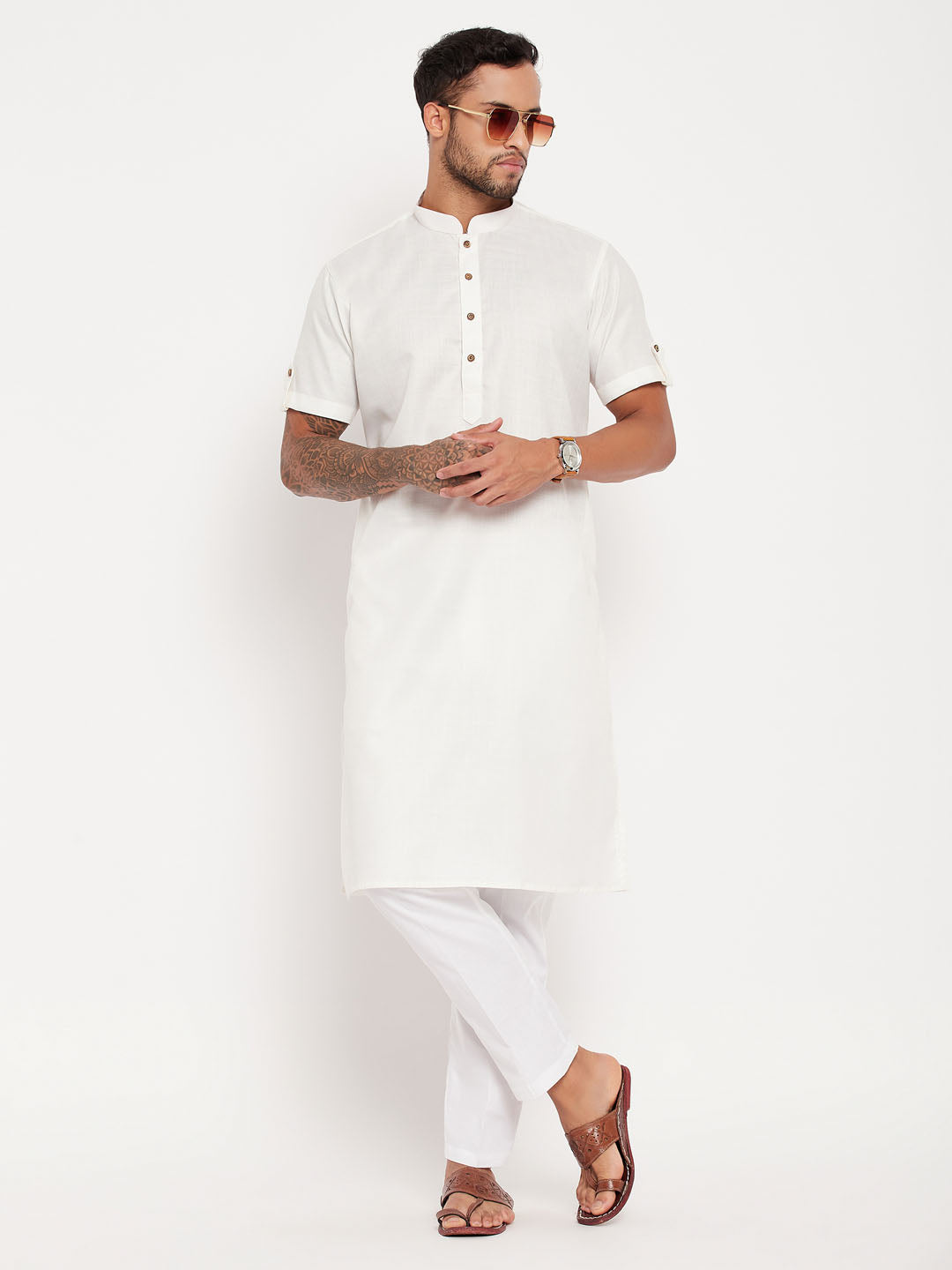 Sarvati Men's Cream Solid Kurta with White Pant Style Pyjama Set