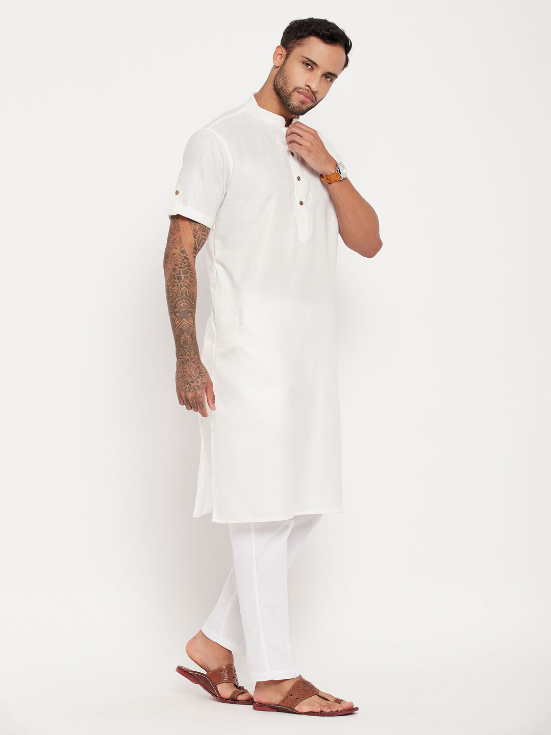 Sarvati Men's Cream Solid Kurta with White Pant Style Pyjama Set