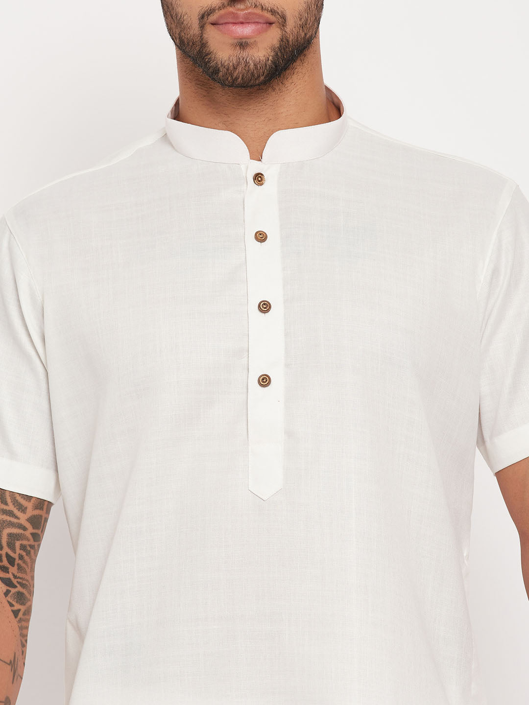 Sarvati Men's Cream Solid Kurta with White Pant Style Pyjama Set