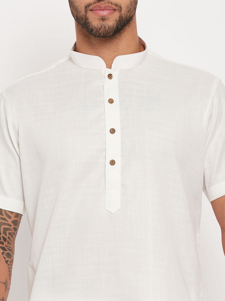 Sarvati Men's Cream Solid Kurta with White Pant Style Pyjama Set