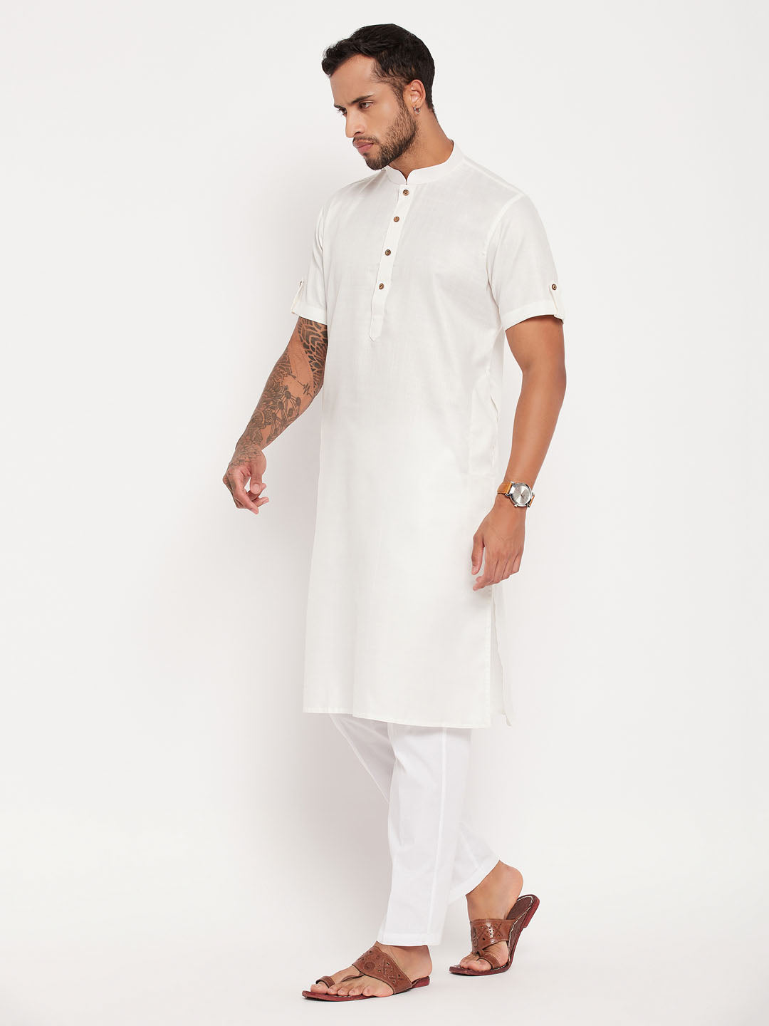 Sarvati Men's Cream Solid Kurta with White Pant Style Pyjama Set