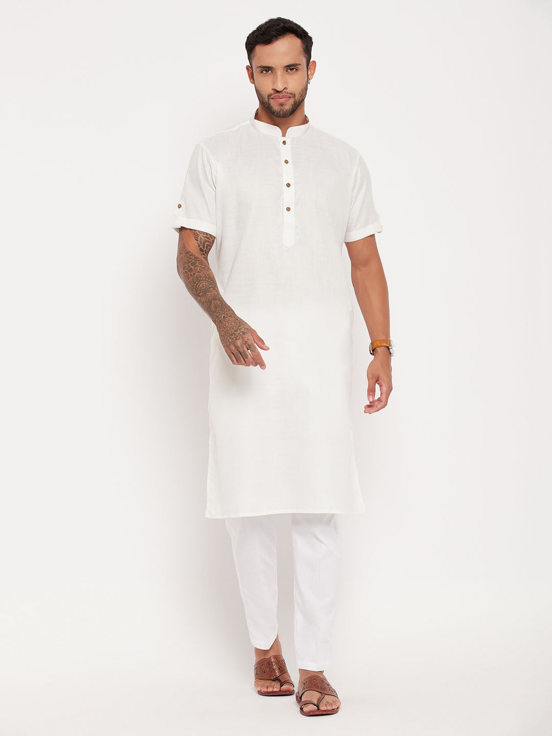 Sarvati Men's Cream Solid Kurta with White Pant Style Pyjama Set
